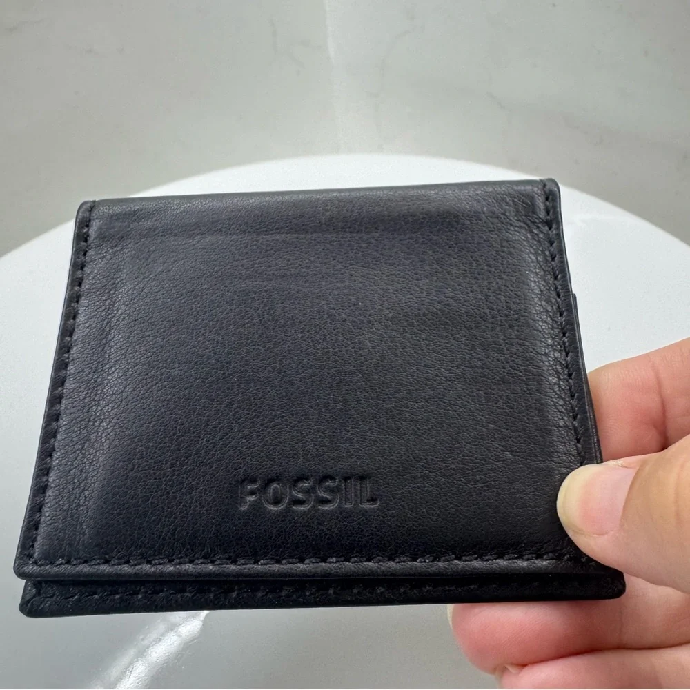 Fossil Leather Cardholder Wallet w/ ID Window- Slim Minimalist Bifold Black
